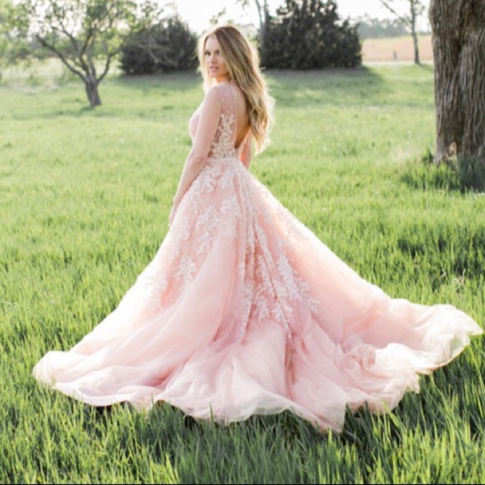 Blush pink wedding bridal gown lace petite 6 8